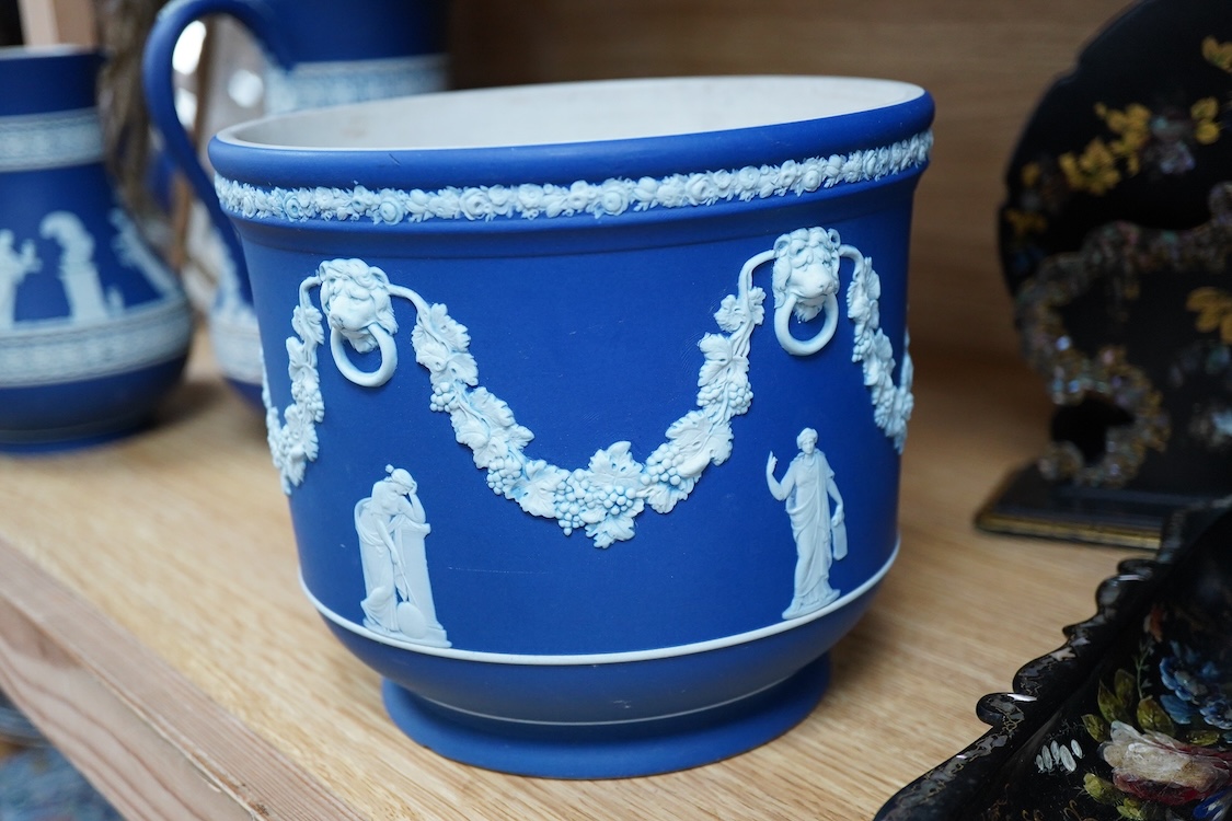 Three 19th century Wedgwood graduated jasper ware jugs and a jardiniere- 16.5cm